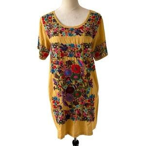 Sister Mary Yellow Embroidered Cotton Floral Boho Short Sleeve Tunic Dress S